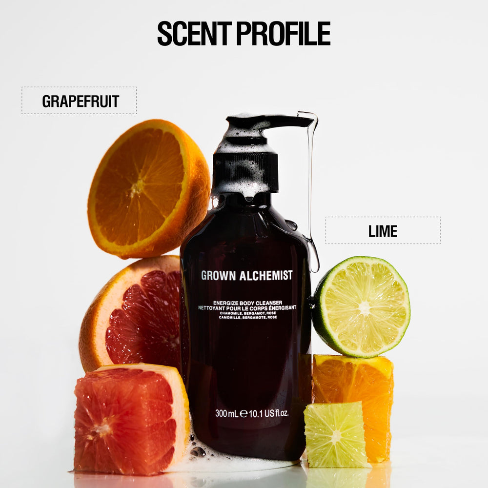Grown Alchemist Energize Body Cleanser label shown in a bright bathroom setting.