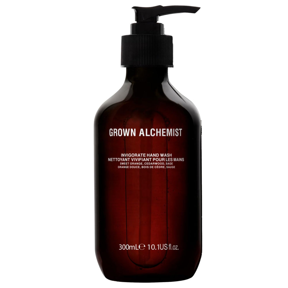 Grown Alchemist Invigorate Hand Wash bottle highlights moisturizing formula for daily cleansing.