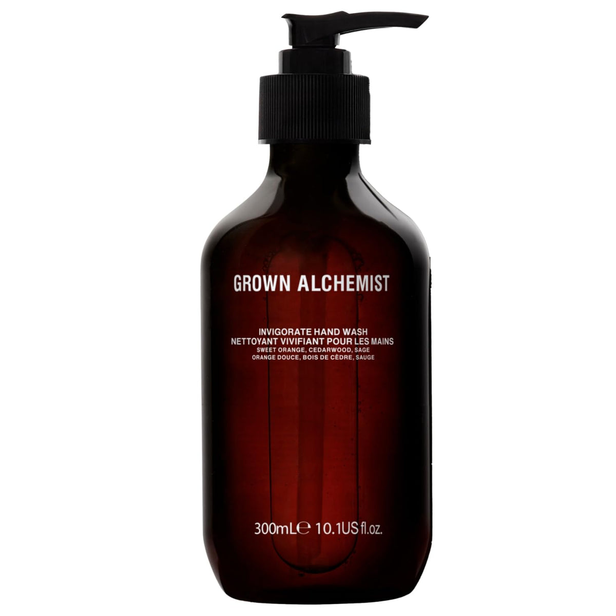 Grown Alchemist Invigorate Hand Wash bottle highlights moisturizing formula for daily cleansing.