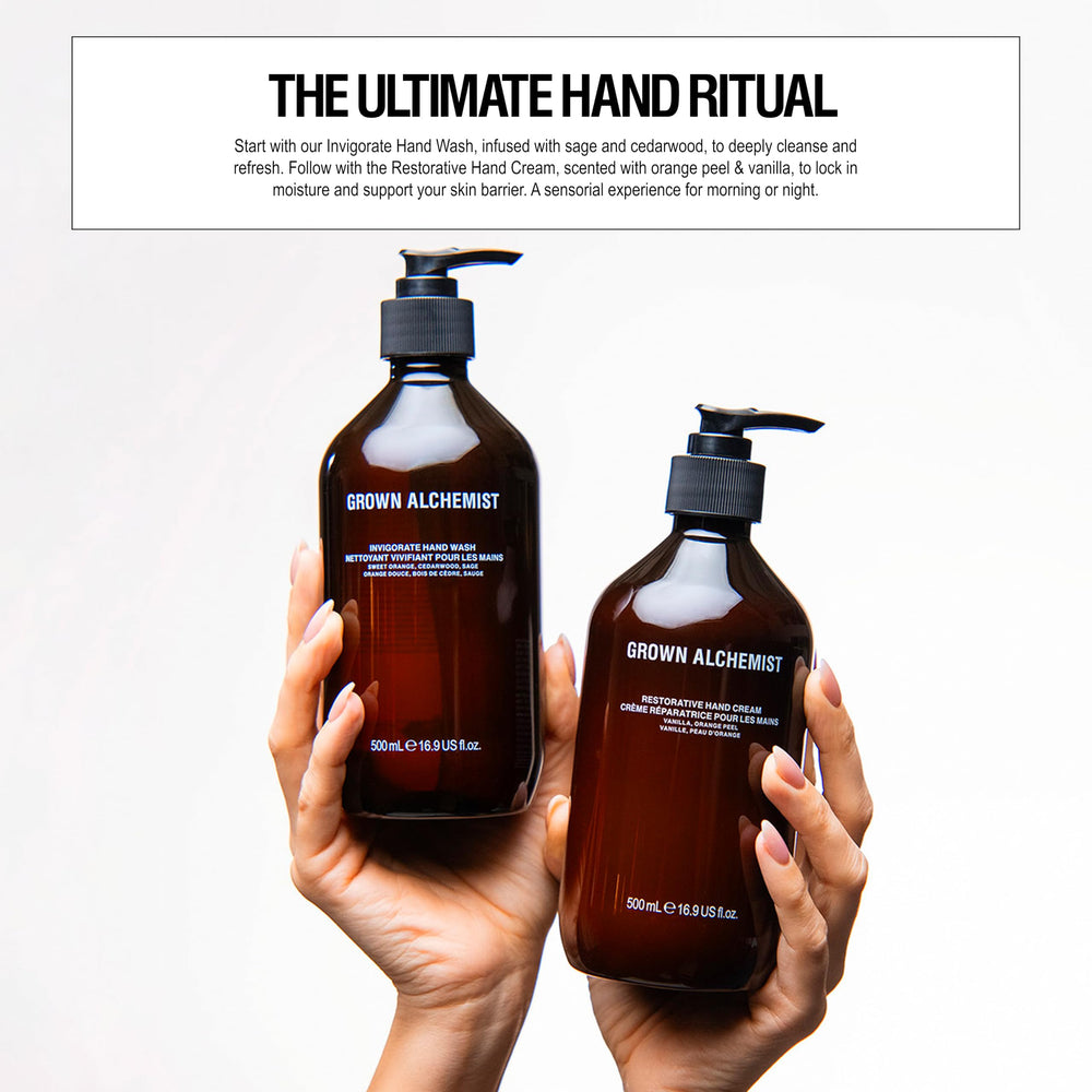 Grown Alchemist Invigorate Hand Wash Refill pour close-up showing rich lather and cleansing feel