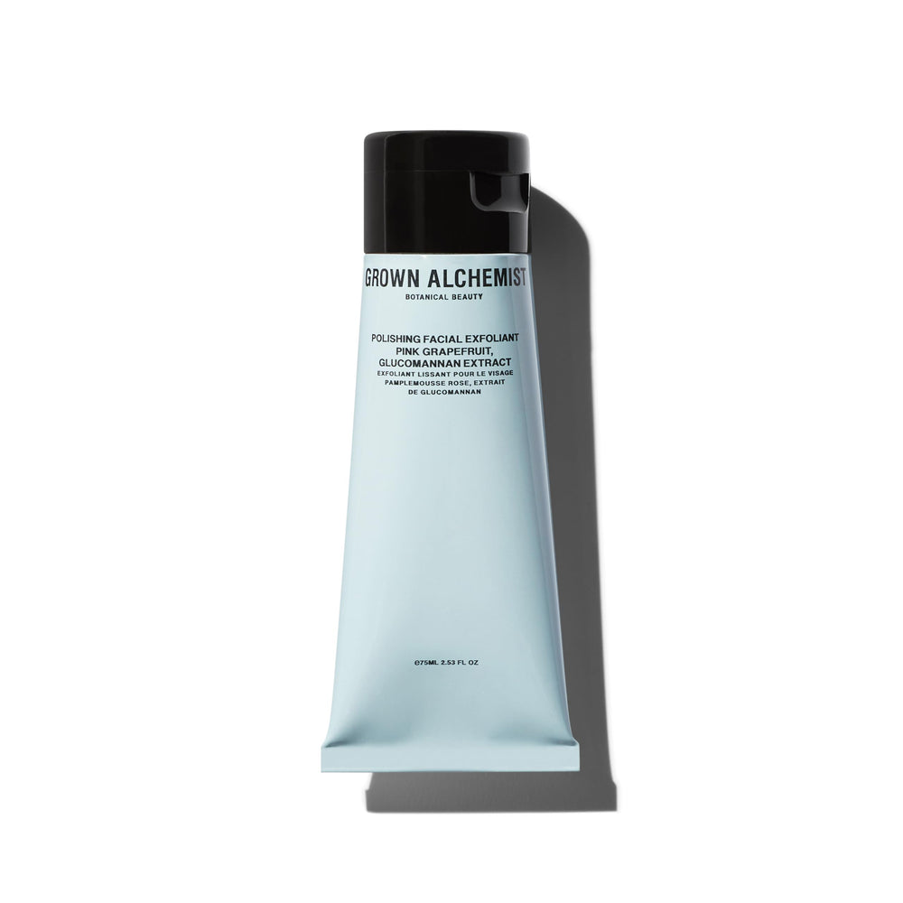 Grown Alchemist Polishing Exfoliant bottle closeup for daily glow and smooth skin