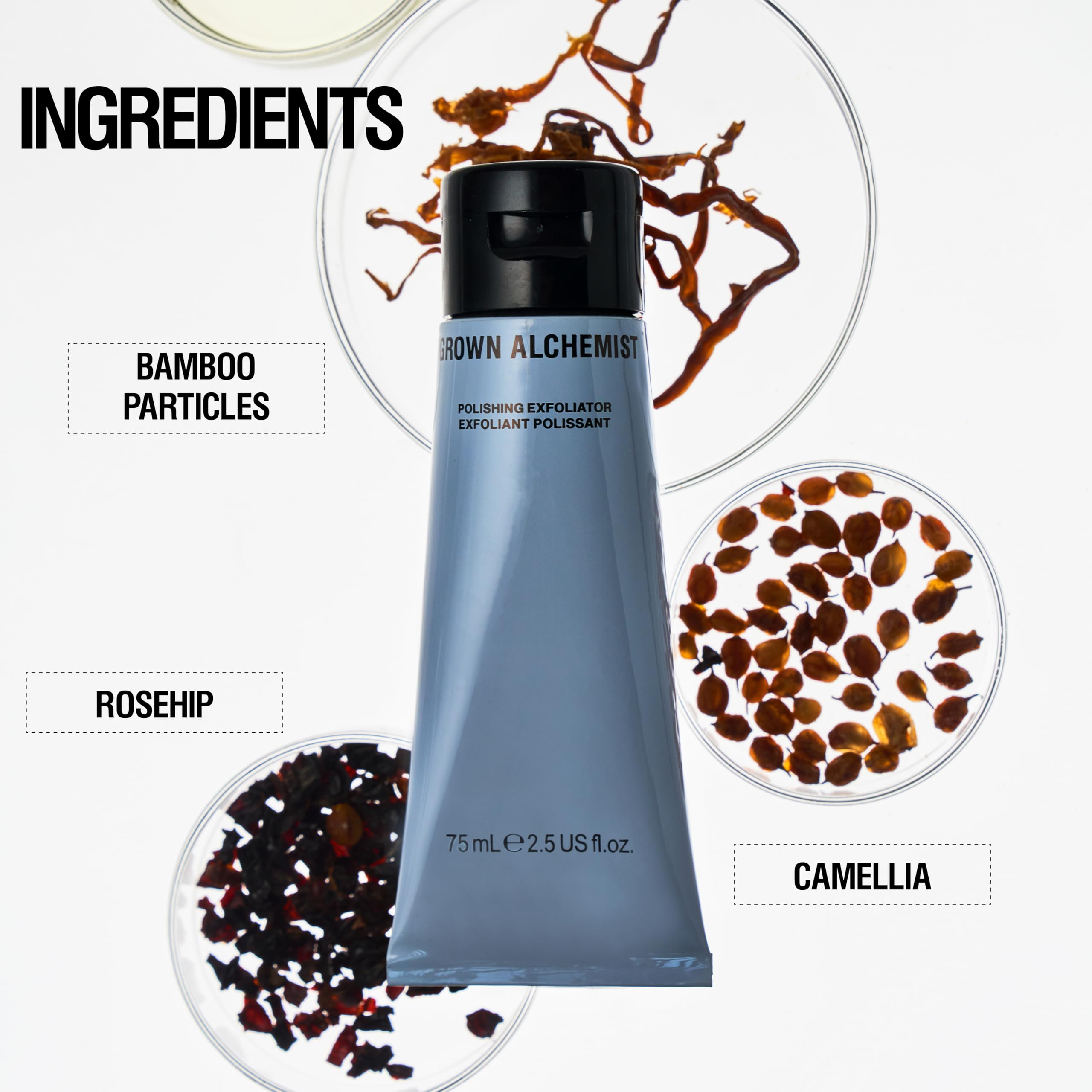 Grown Alchemist Polishing Exfoliant glucomannan extract shown for natural exfoliation