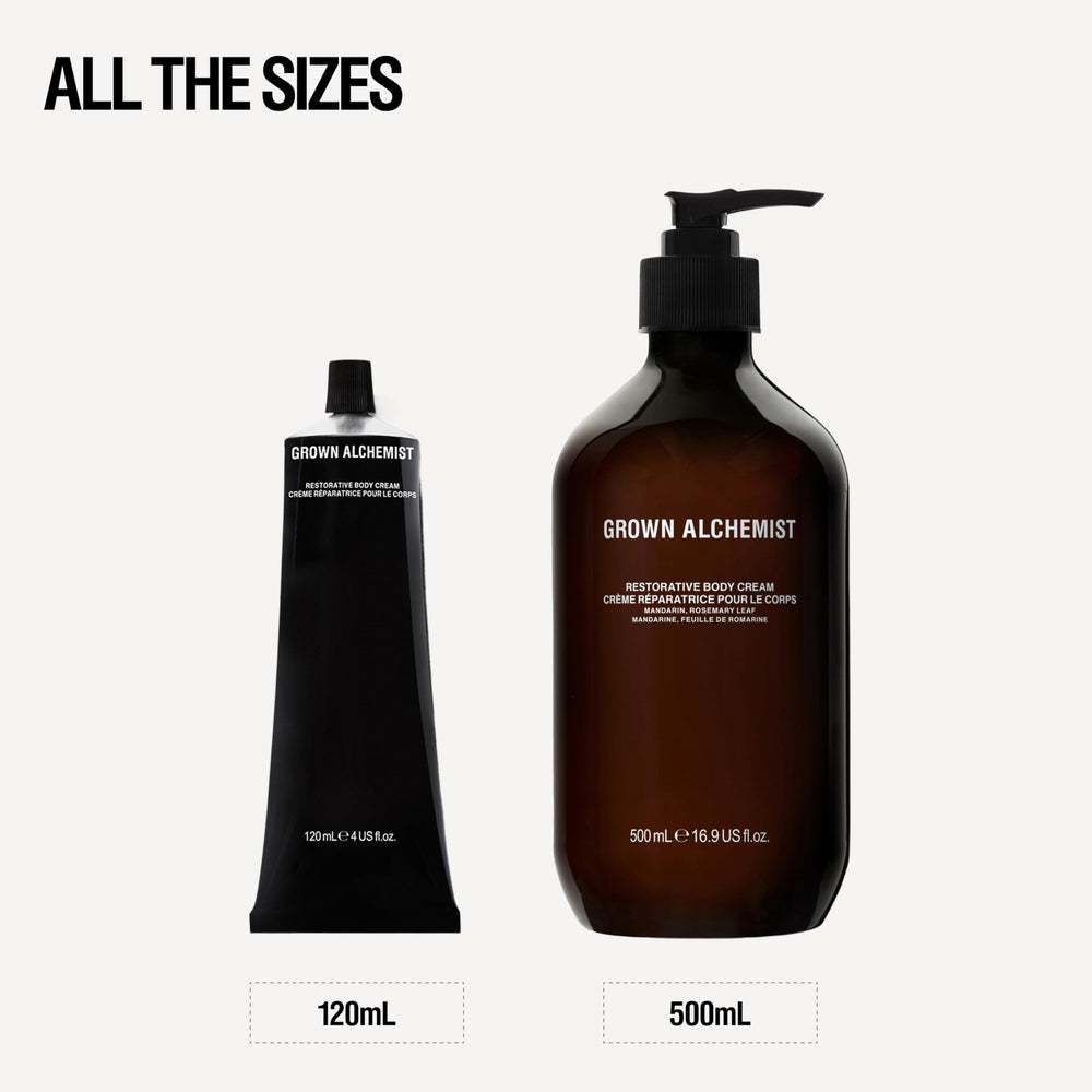 Grown Alchemist Restorative Body Cream lifestyle shot with smooth, nourished skin