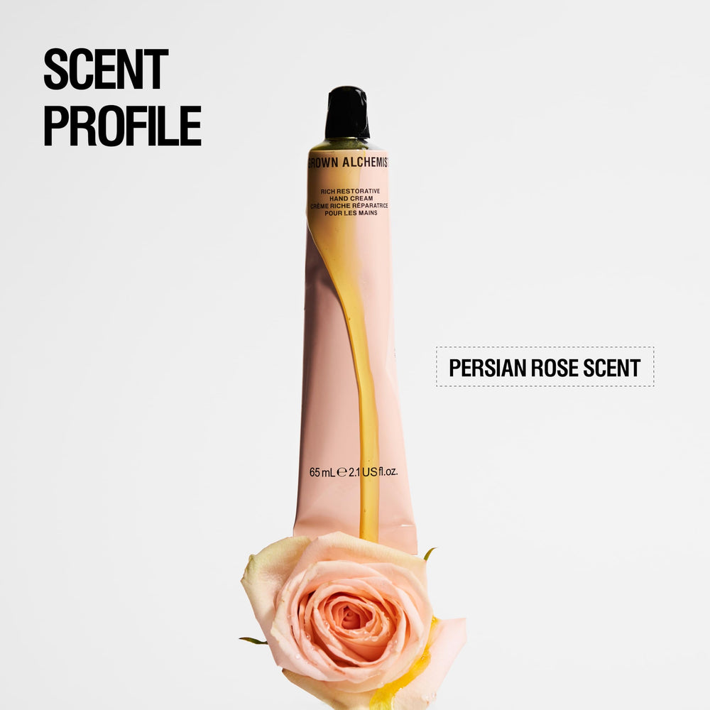 Grown Alchemist rose-scented finish for velvety-soft hands.