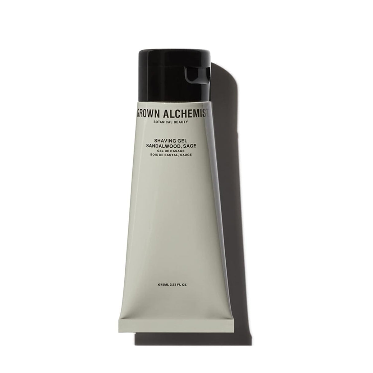 Grown Alchemist Shaving Gel sandalwood-sage bottle close-up highlighting hydrating formula