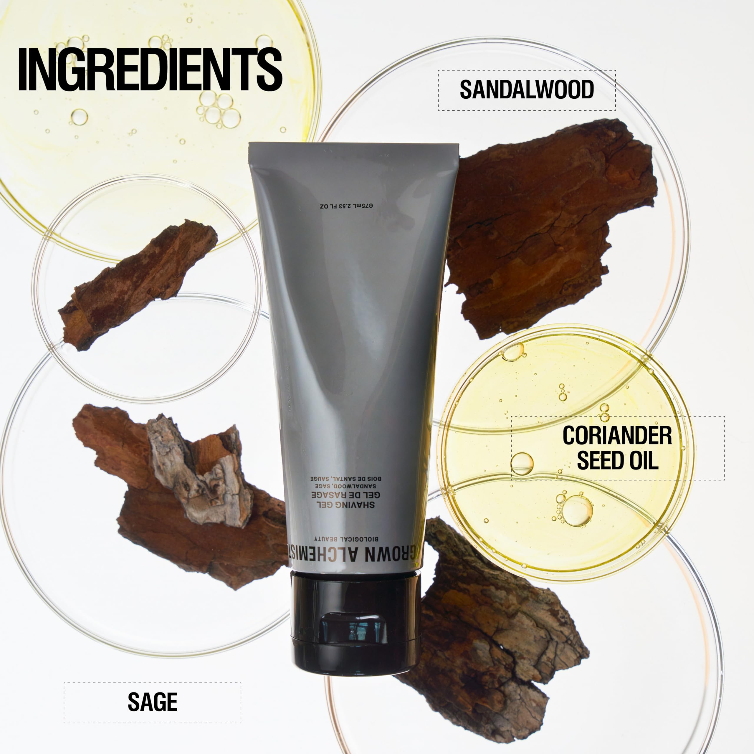 Grown Alchemist Shaving Gel sandalwood-sage coriander oil calms skin