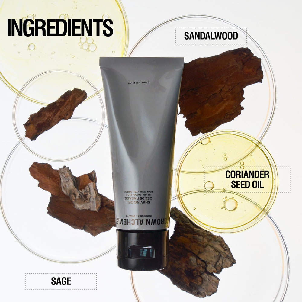 Grown Alchemist Shaving Gel sandalwood-sage coriander oil calms skin