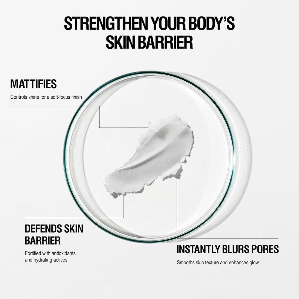 Grown Alchemist Skin Defense Primer dispense bottle demonstrates precise application and light matte glow