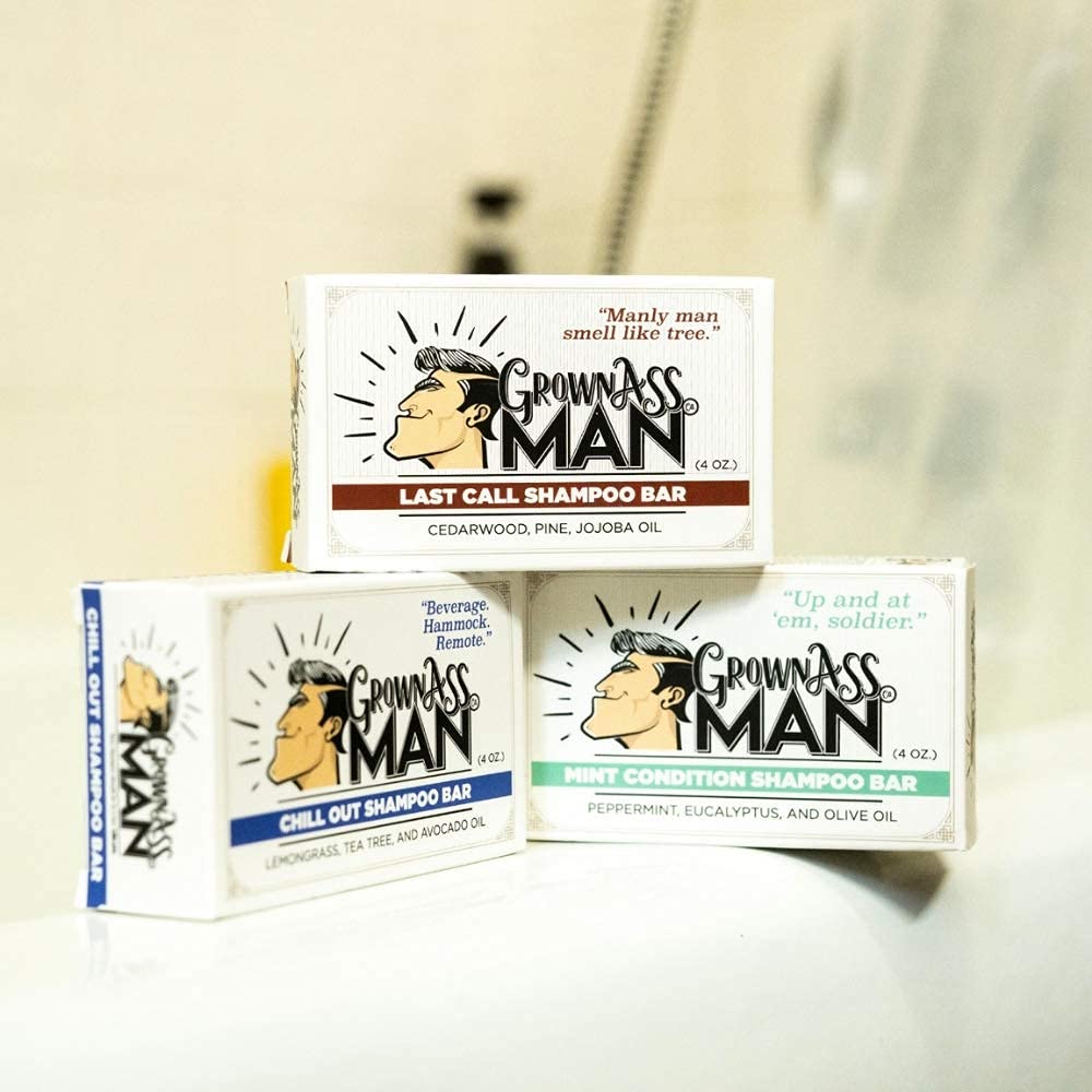 Grown Ass Man Co. solid shampoo bar used as body wash for refreshing full-body cleanse