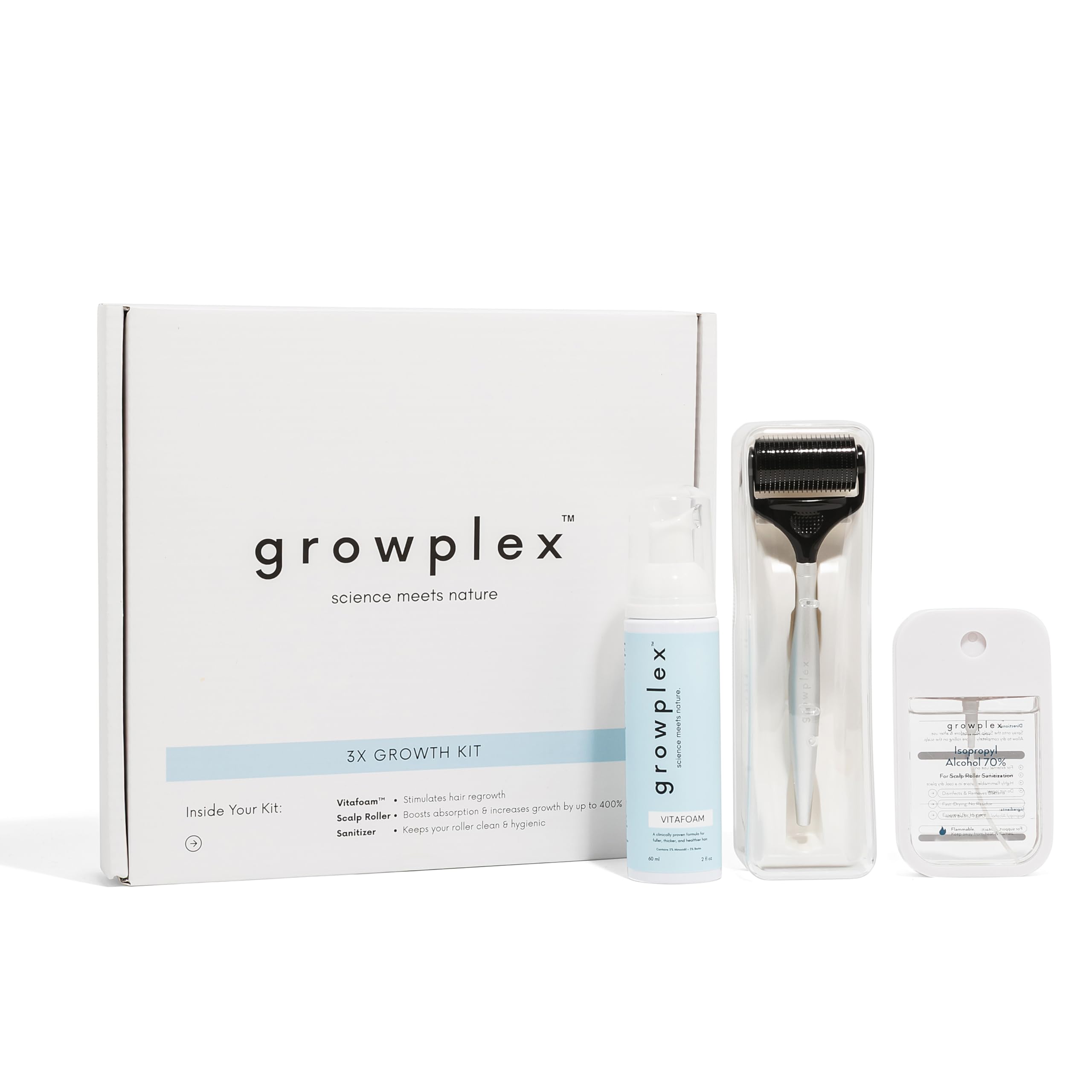 Growplex front packaging showing kit components and benefits