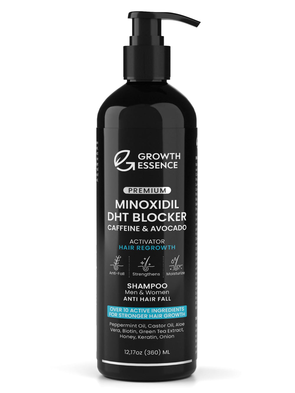 Growth Essence Minoxidil & Biotin Shampoo bottle highlighting caffeine and castor oil for daily scalp nourishment.