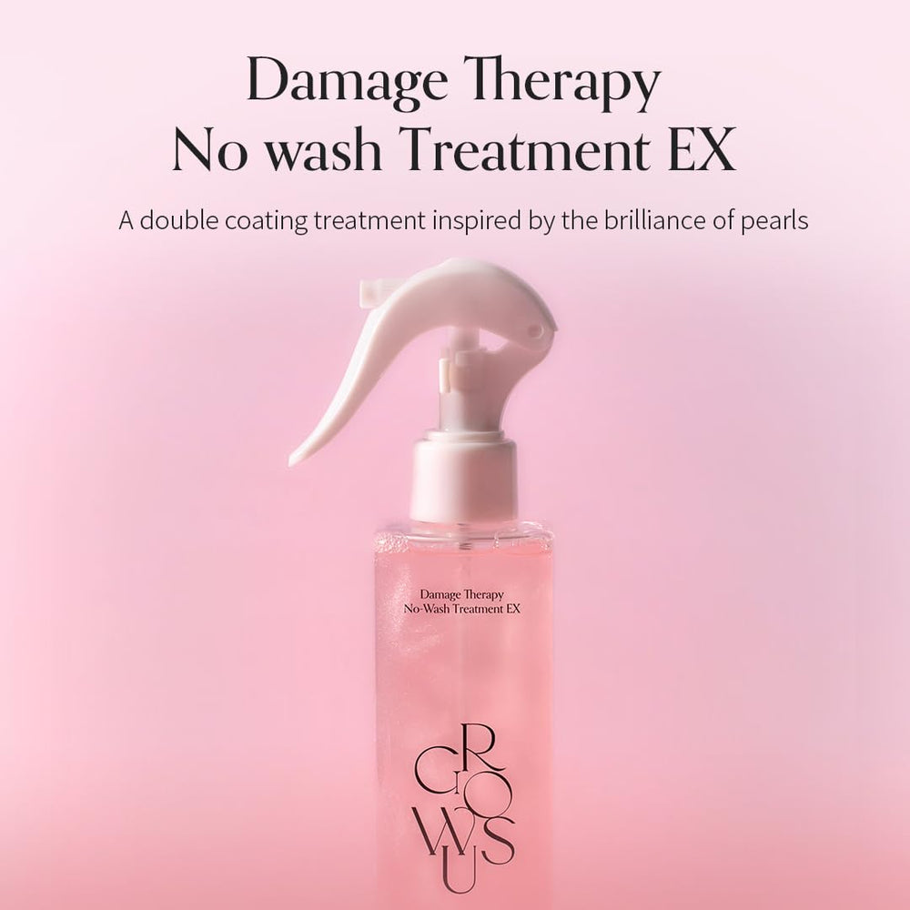 GROWUS Damage Therapy No-Wash spray shows quick, spray-on hydration and detangling.