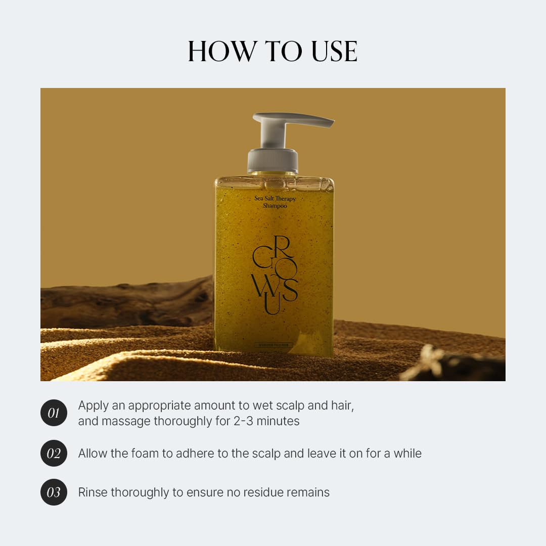 GROWUS Sea Salt Therapy Shampoo flatlay with packaging for brand trust.