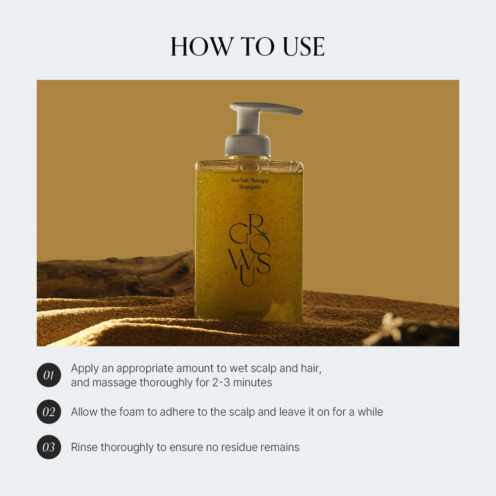GROWUS Sea Salt Therapy Shampoo flatlay with packaging for brand trust.
