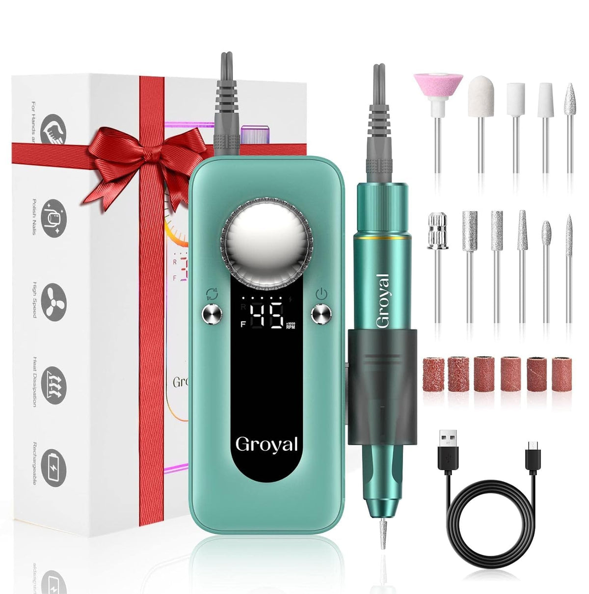 Groyal electric nail drill cordless design highlights portable performance for on-the-go manicures.