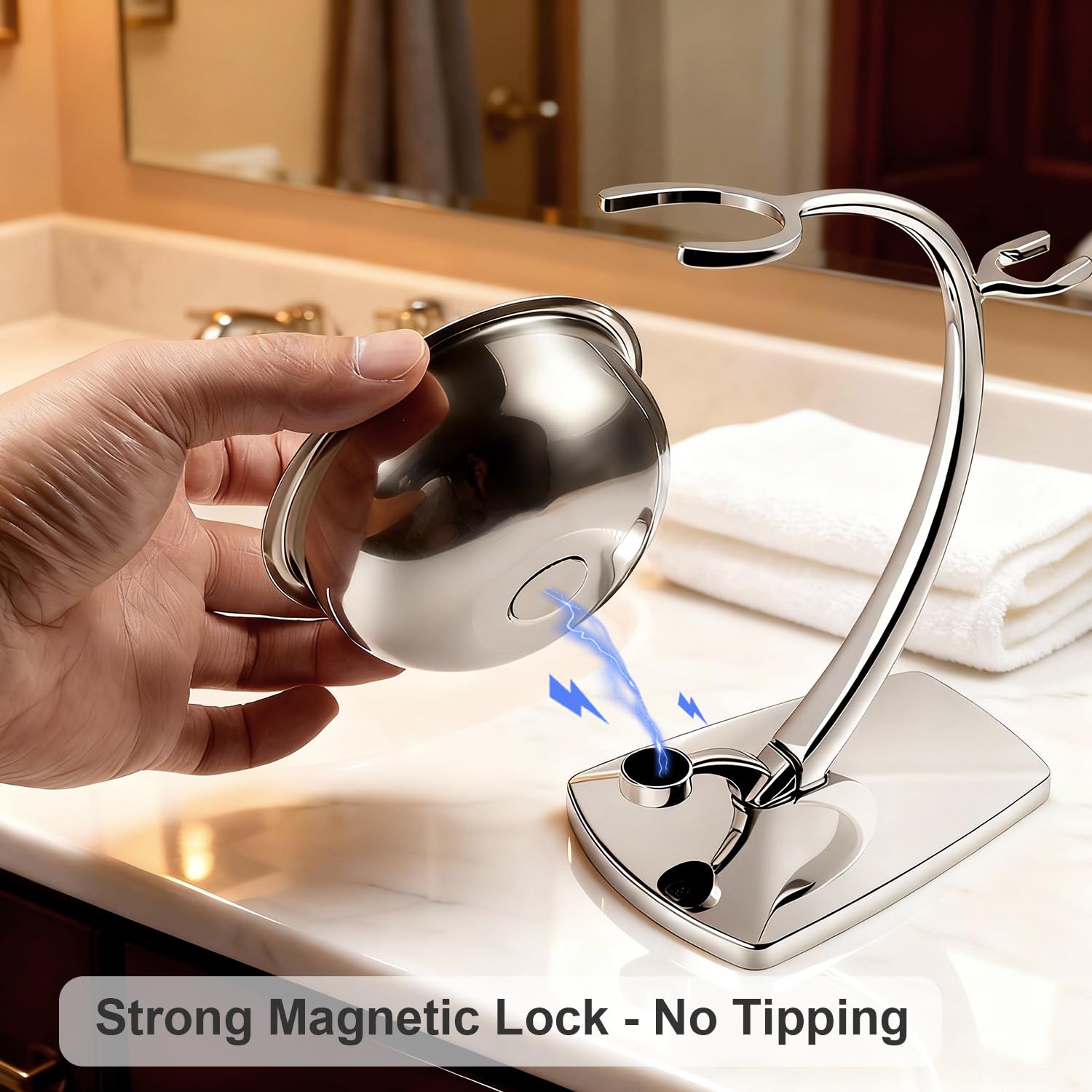 GRUTTI chrome-plated stand shot emphasizes premium finish and easy maintenance.