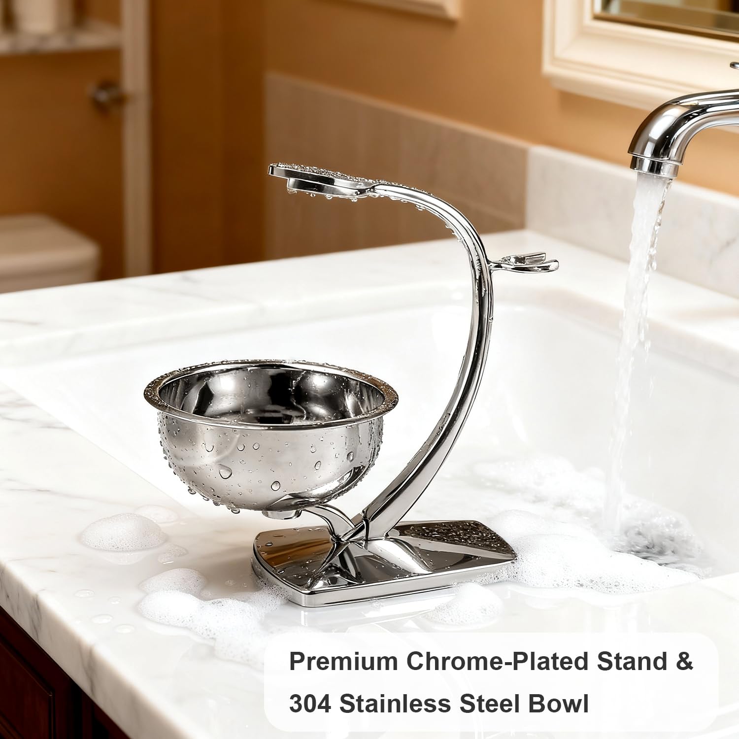 GRUTTI razor and brush fit shown in stand-and-bowl setup for quick, organized morning routines.