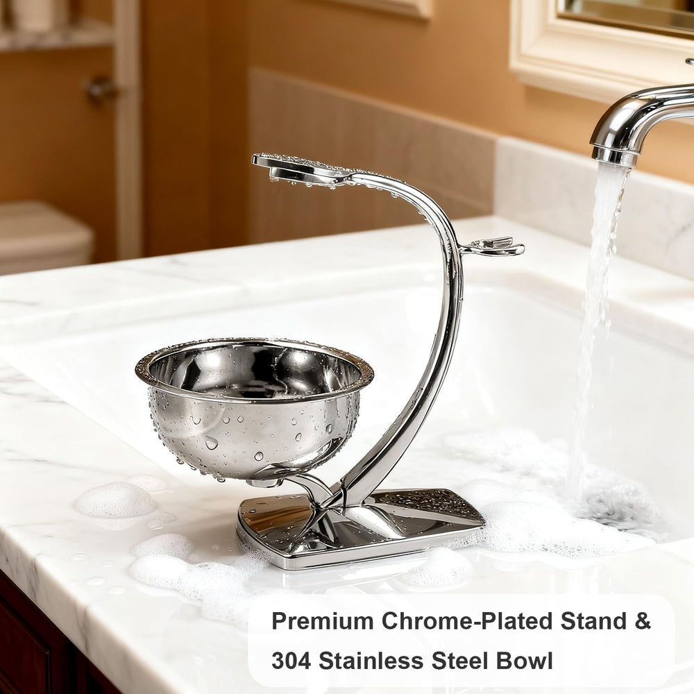 GRUTTI razor and brush fit shown in stand-and-bowl setup for quick, organized morning routines.