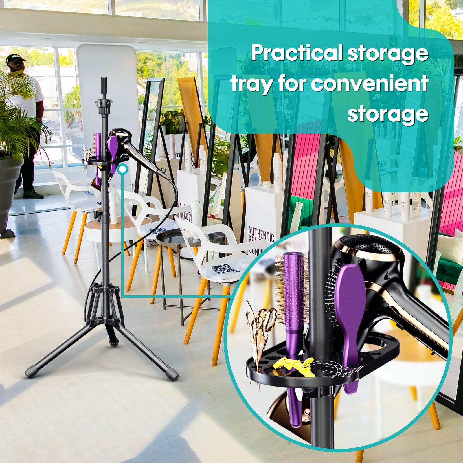 GSOW Wig Stand Tray Fixed Height highlights convenient tool storage during styling sessions.