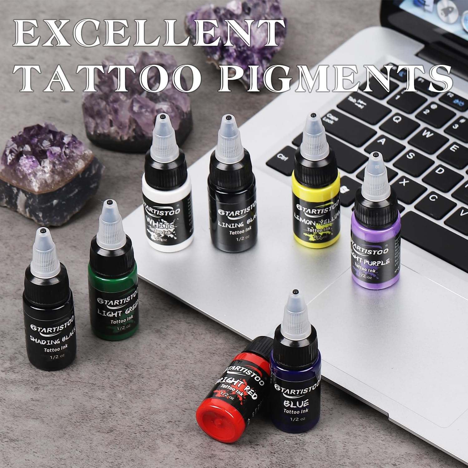 GTARTISTOO color shades swatch grid demonstrates long-lasting color stability for tattoos.