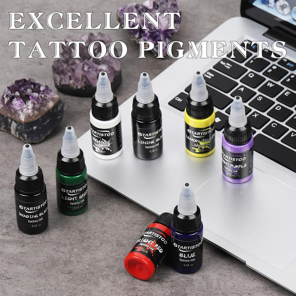 GTARTISTOO color shades swatch grid demonstrates long-lasting color stability for tattoos.