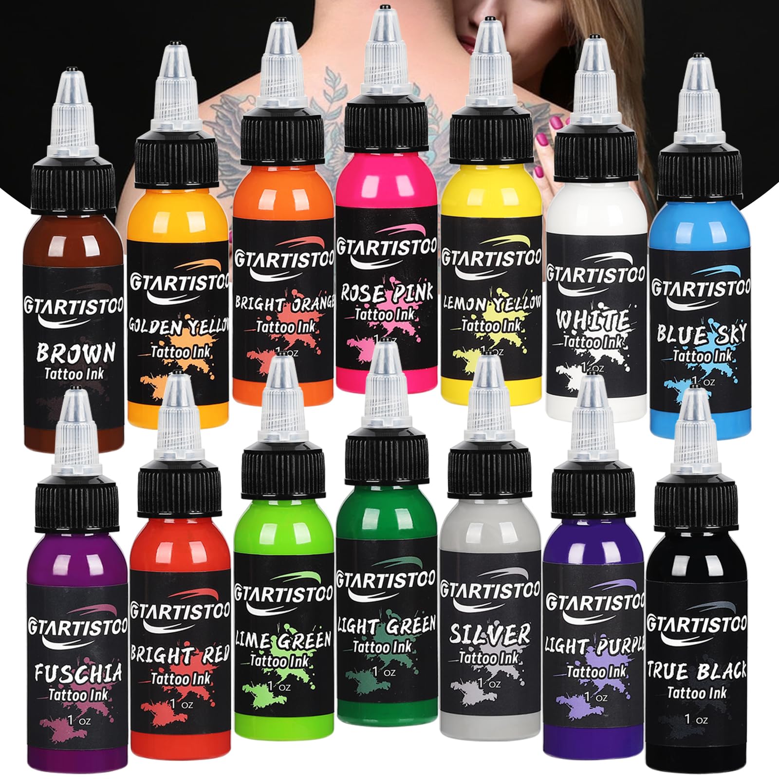 GTARTISTOO professional tattoo ink set 14 colors closeup shows vibrant pigment options