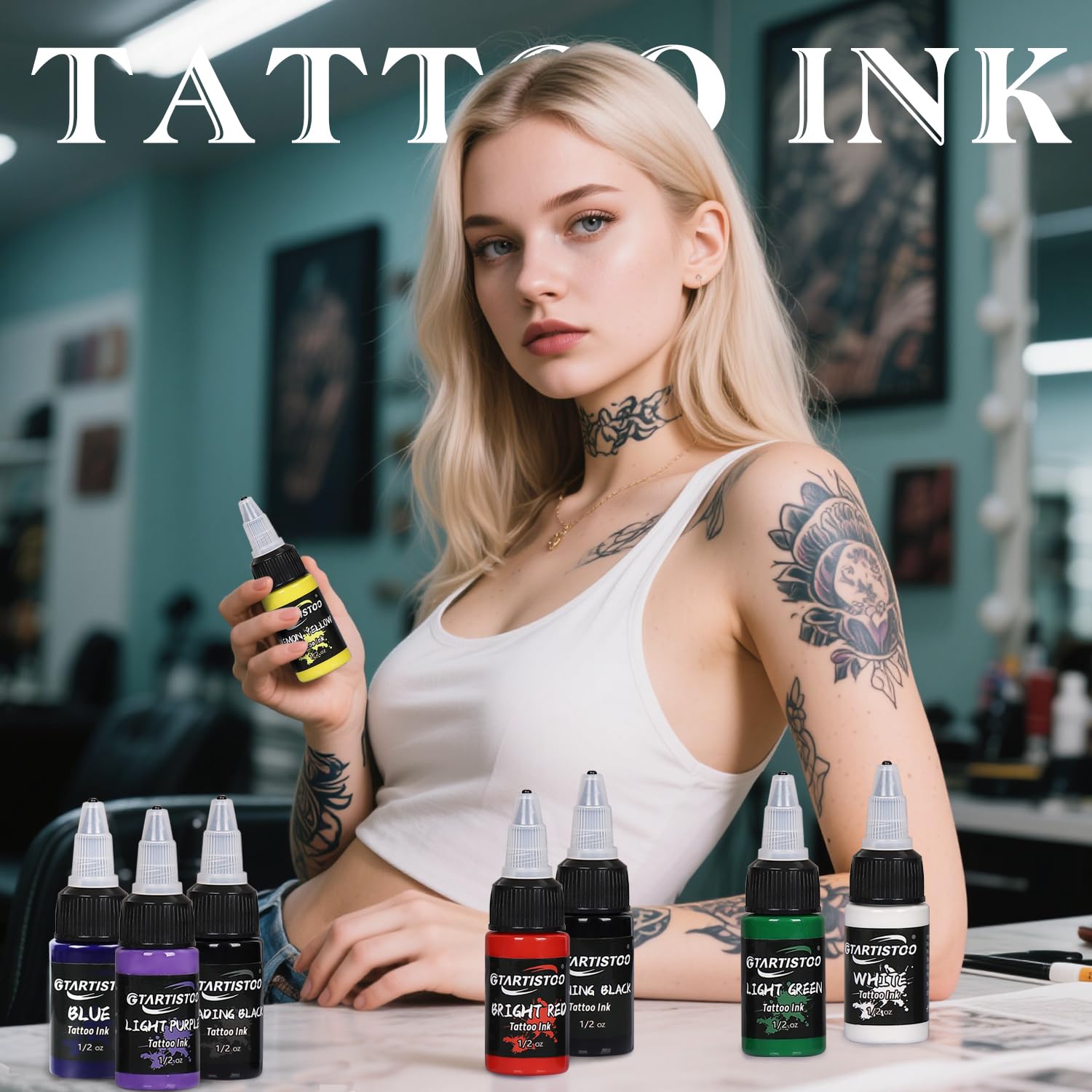 GTARTISTOO tattoo ink bottles water-based formula shown for smooth color deposition.