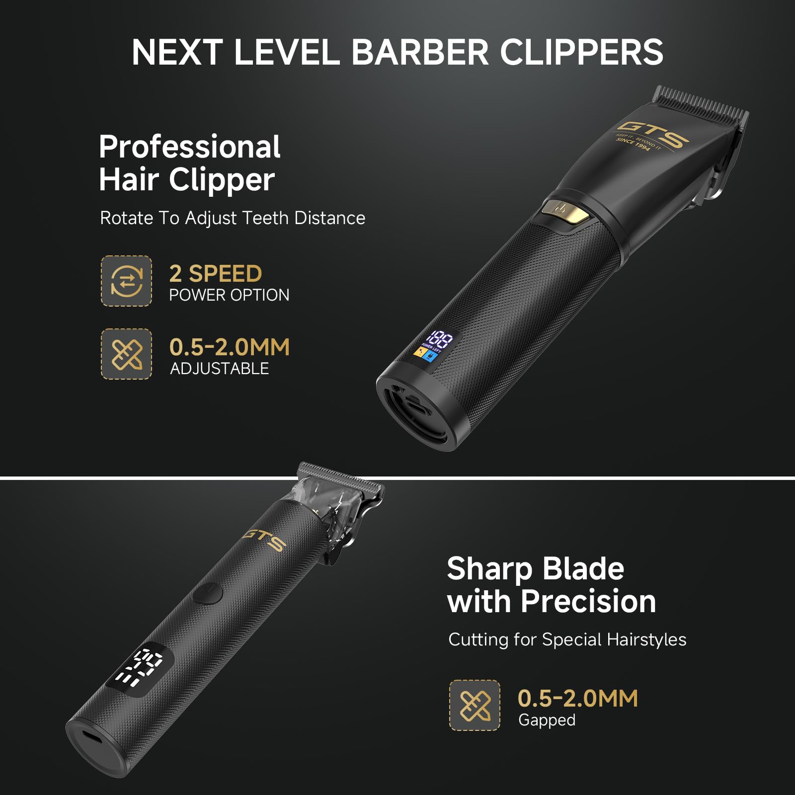 GTS PRO hair clippers side view shows ergonomic design for comfortable sessions.