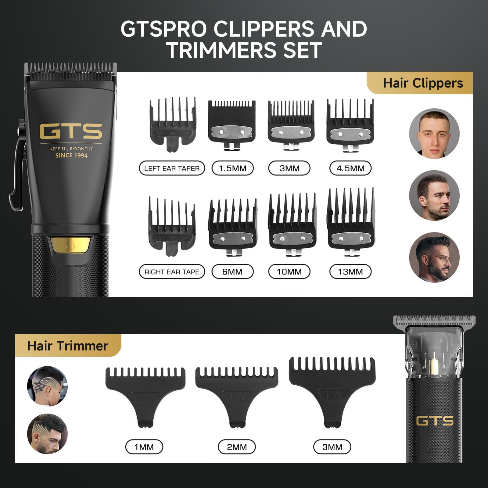 GTS PRO metal guide combs help create precise fades and blends.