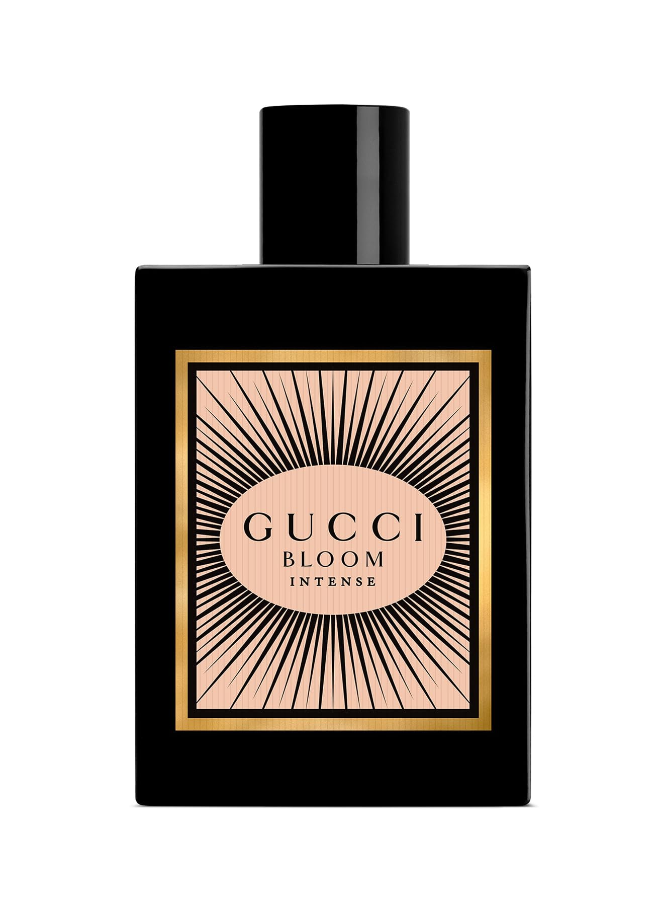 Gucci Bloom Intense cap closeup showing elegant packaging and premium fragrance