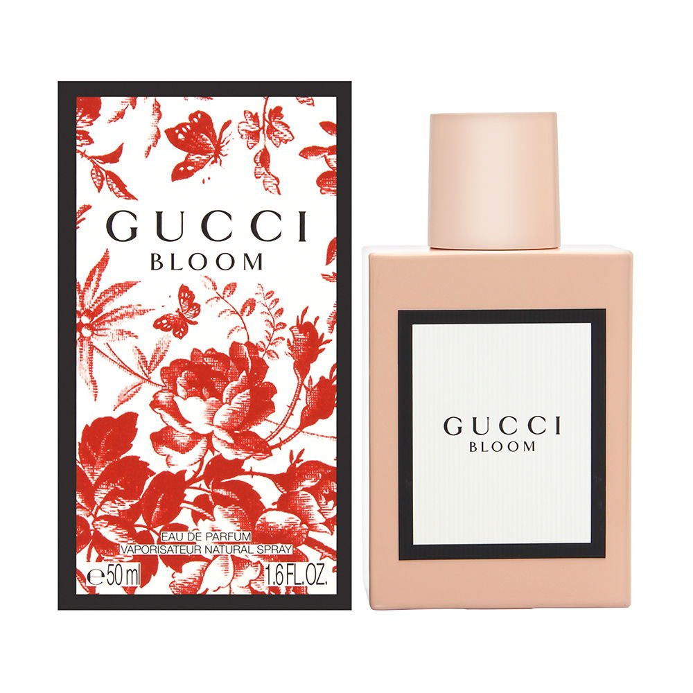 Gucci Bloom bottle closeup highlighting the premium floral scent.