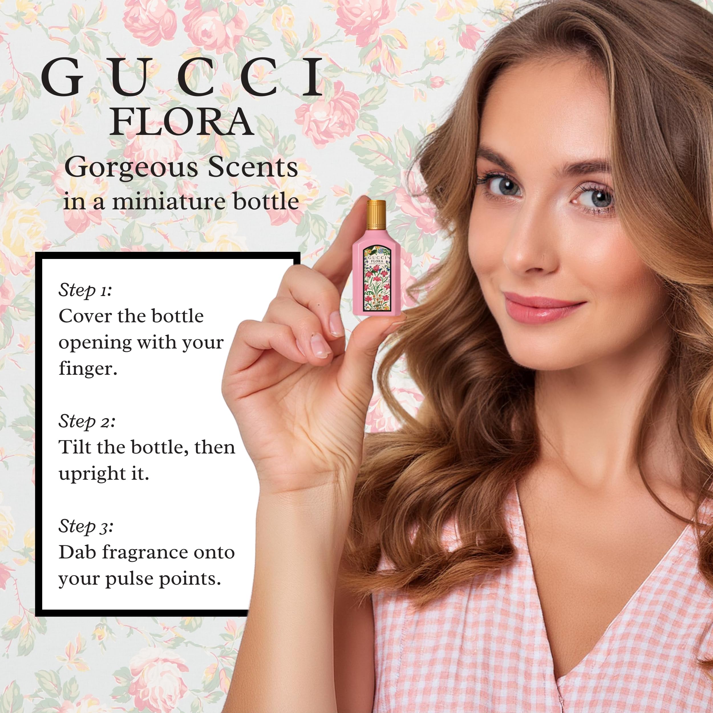 Gucci Flora bottle label close-up emphasizing authenticity and luxury quality.