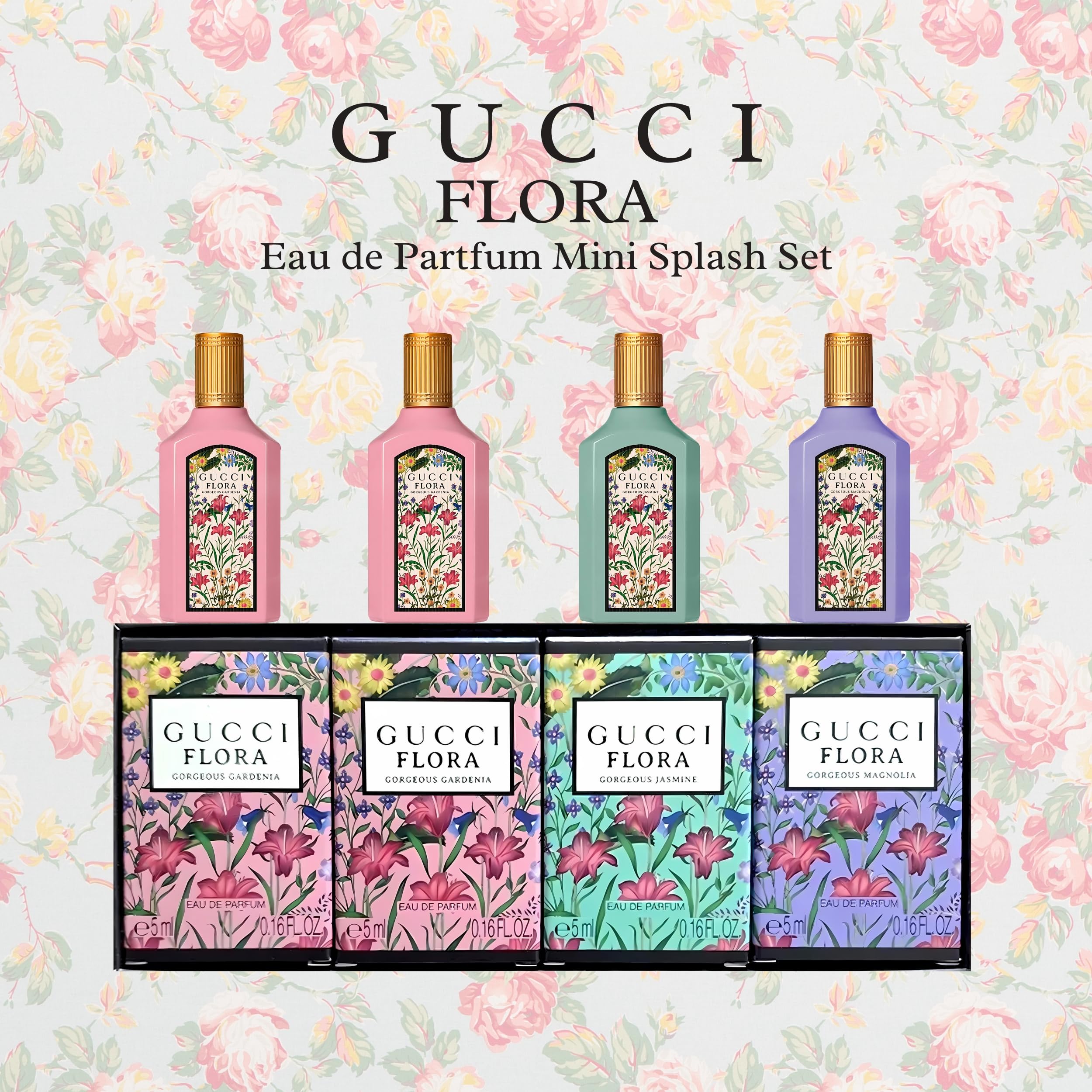 Gucci Flora collection box image with four fragrances for at-home testing.