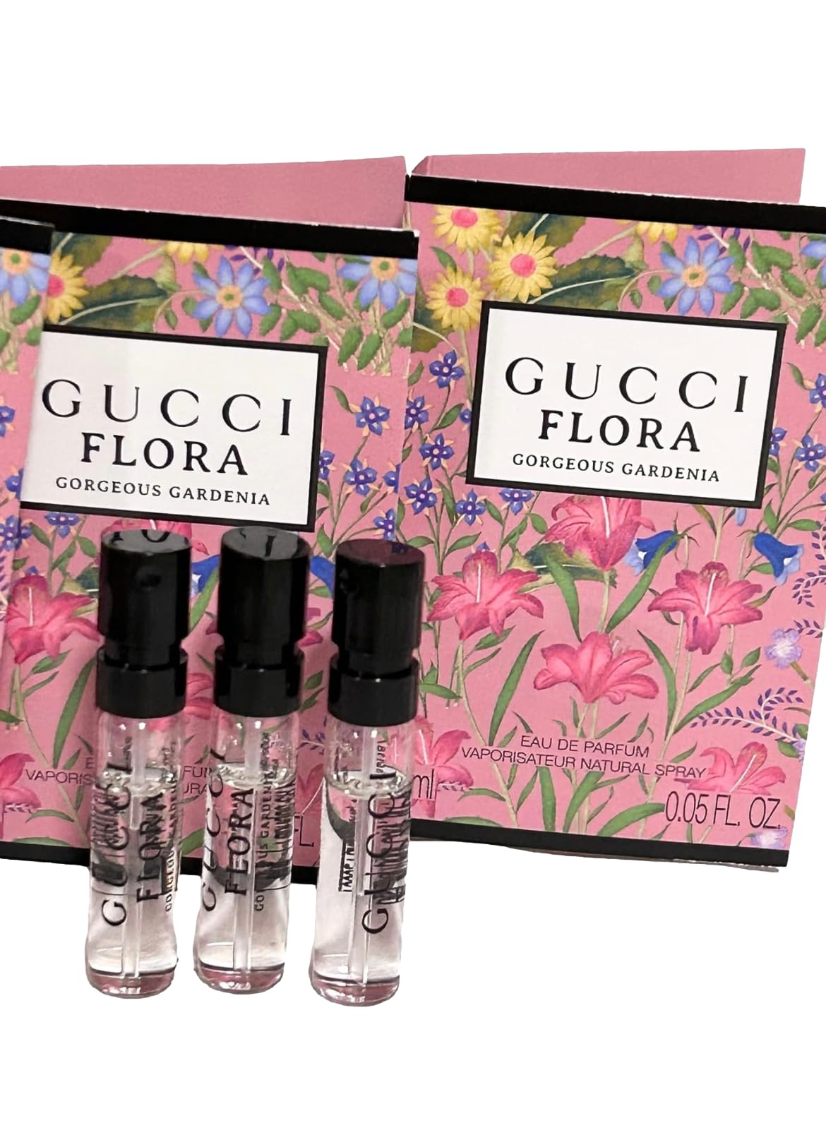 Gucci Flora Gorgeous Gardenia 3-pack box ideal for gifting fragrance samples.