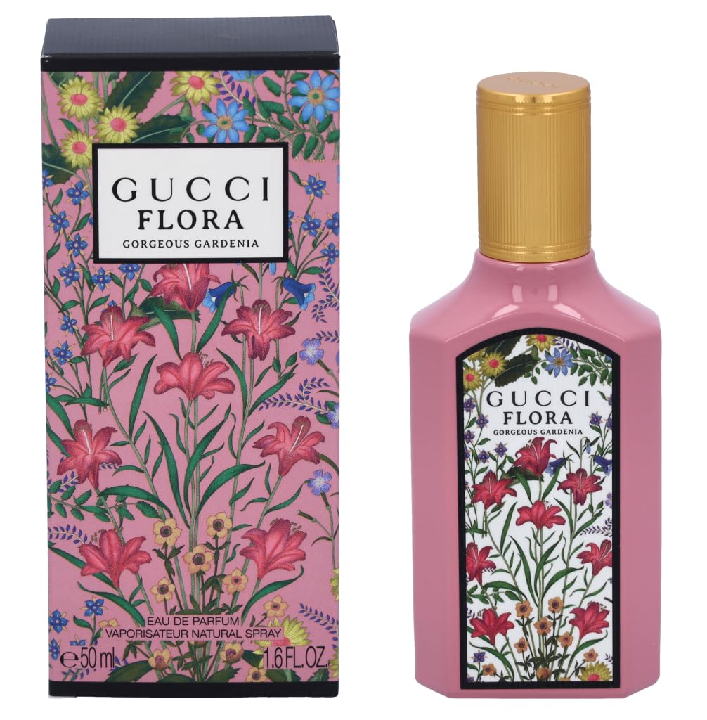 Gucci Flora Gorgeous Gardenia bottle close-up, showcasing floral pear note for daytime wear