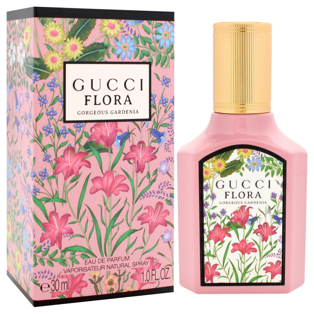 Gucci Flora Gorgeous Gardenia dispense-bottle close-up shows easy spray application and portability.