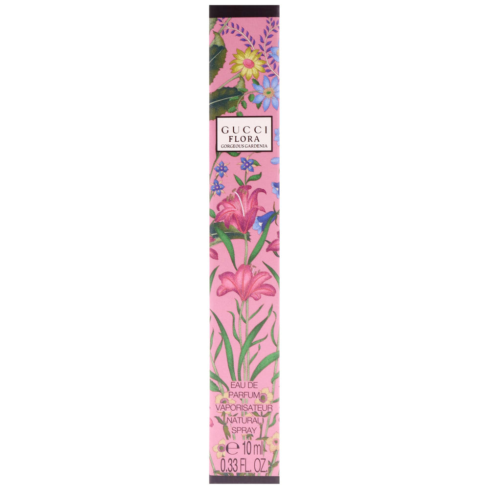 Elegant packaging display for Gucci Flora Gorgeous Gardenia travel spray.