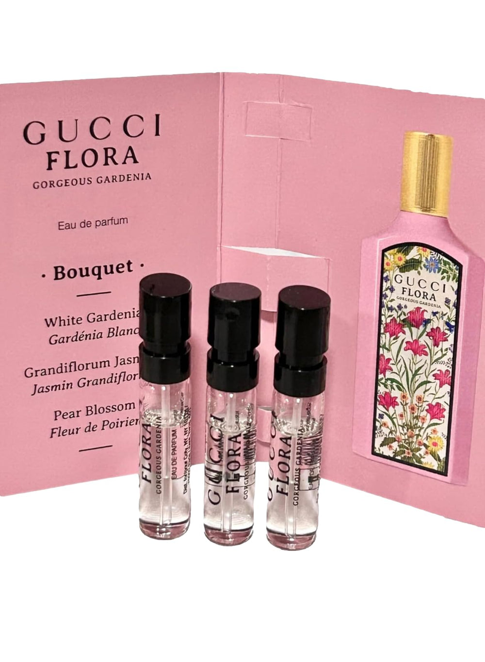 Gucci Flora Gorgeous Gardenia travel-size vials convenient for purse refresh.