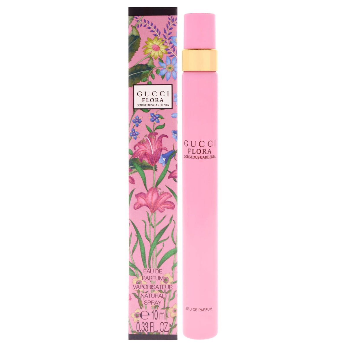 Gucci Flora Gorgeous Gardenia travel spray bottle for on-the-go fragrance touch-ups.