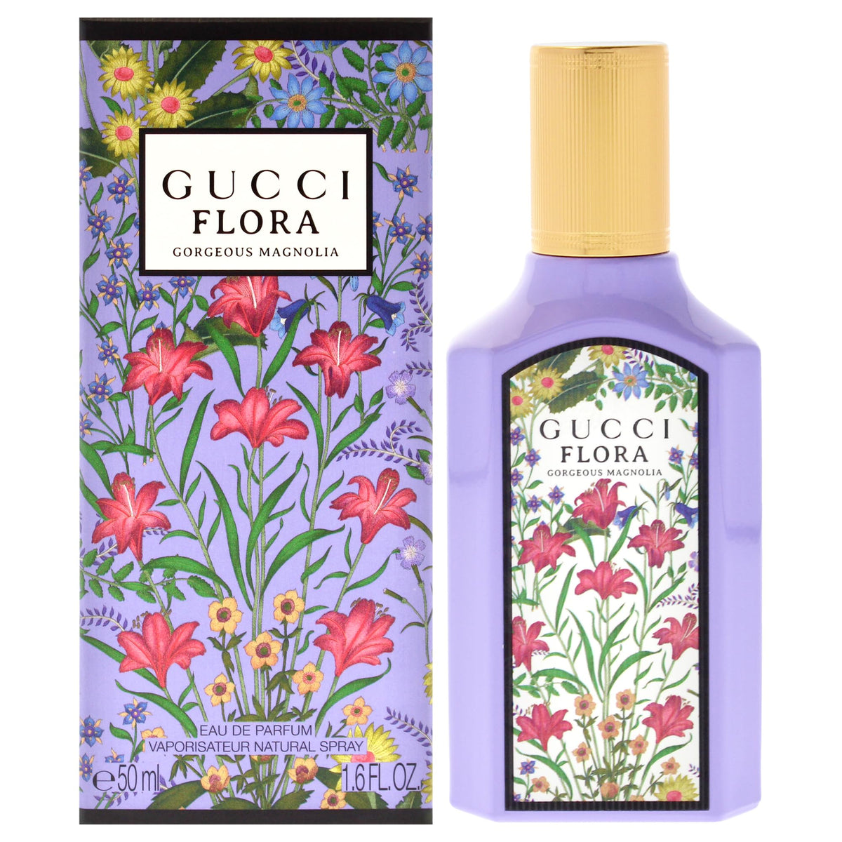 Gucci Flora Gorgeous Magnolia bottle on a reflective surface signaling lasting elegance.