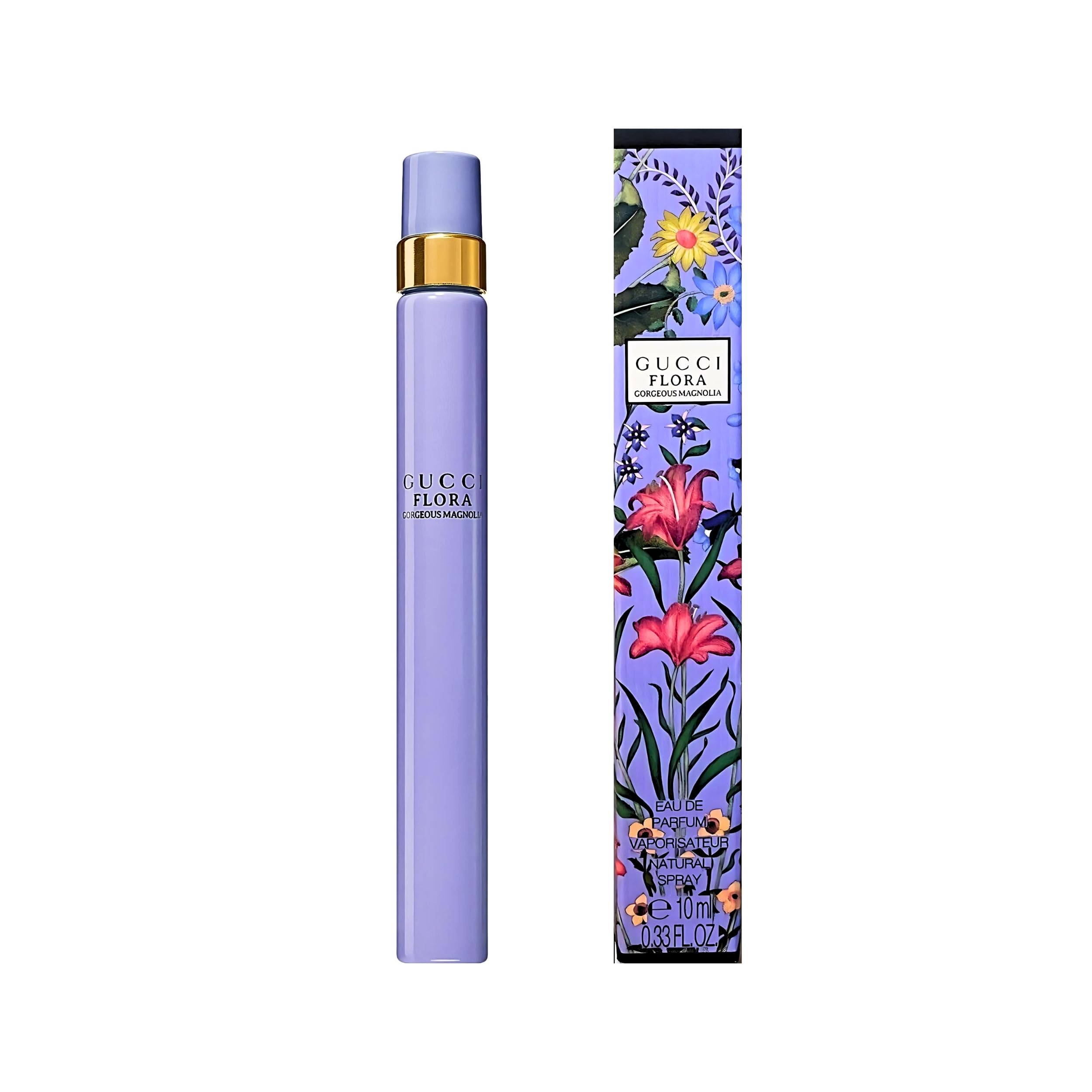 Gucci Flora Gorgeous Magnolia eddp-bottle-closeup shows rich floral composition at close range.