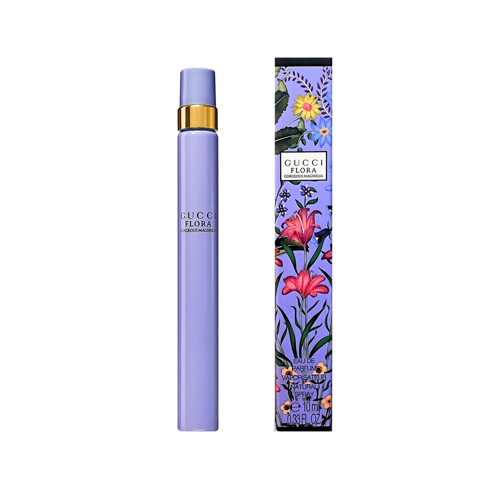 Gucci Flora Gorgeous Magnolia eddp-bottle-closeup shows rich floral composition at close range.