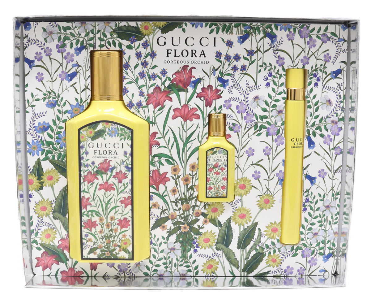 Gucci Flora Gorgeous Orchid gift set box and bottles, ideal for gifting and travel.