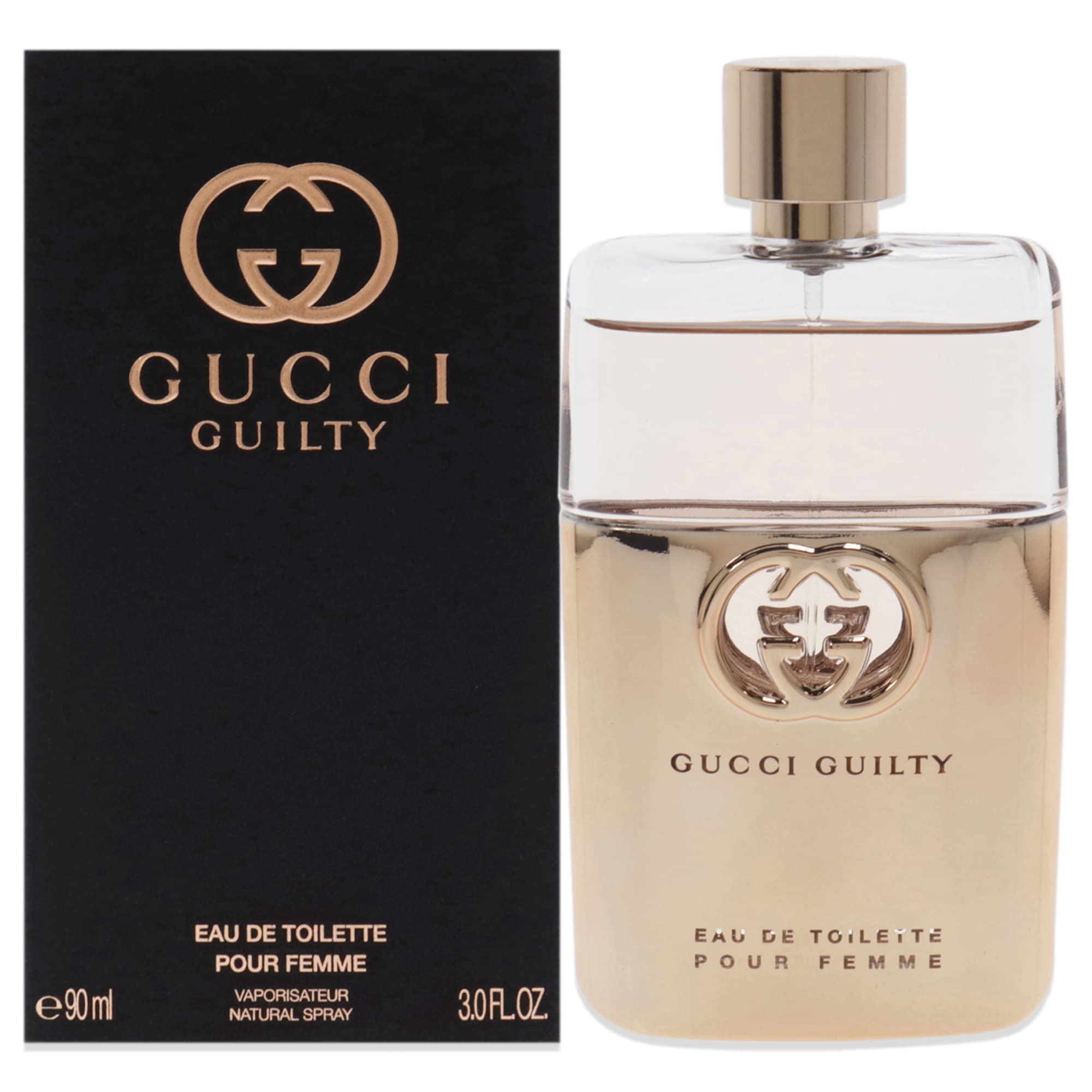 Gucci Guilty Eau de Toilette bottle front shows refined design for modern confidence.