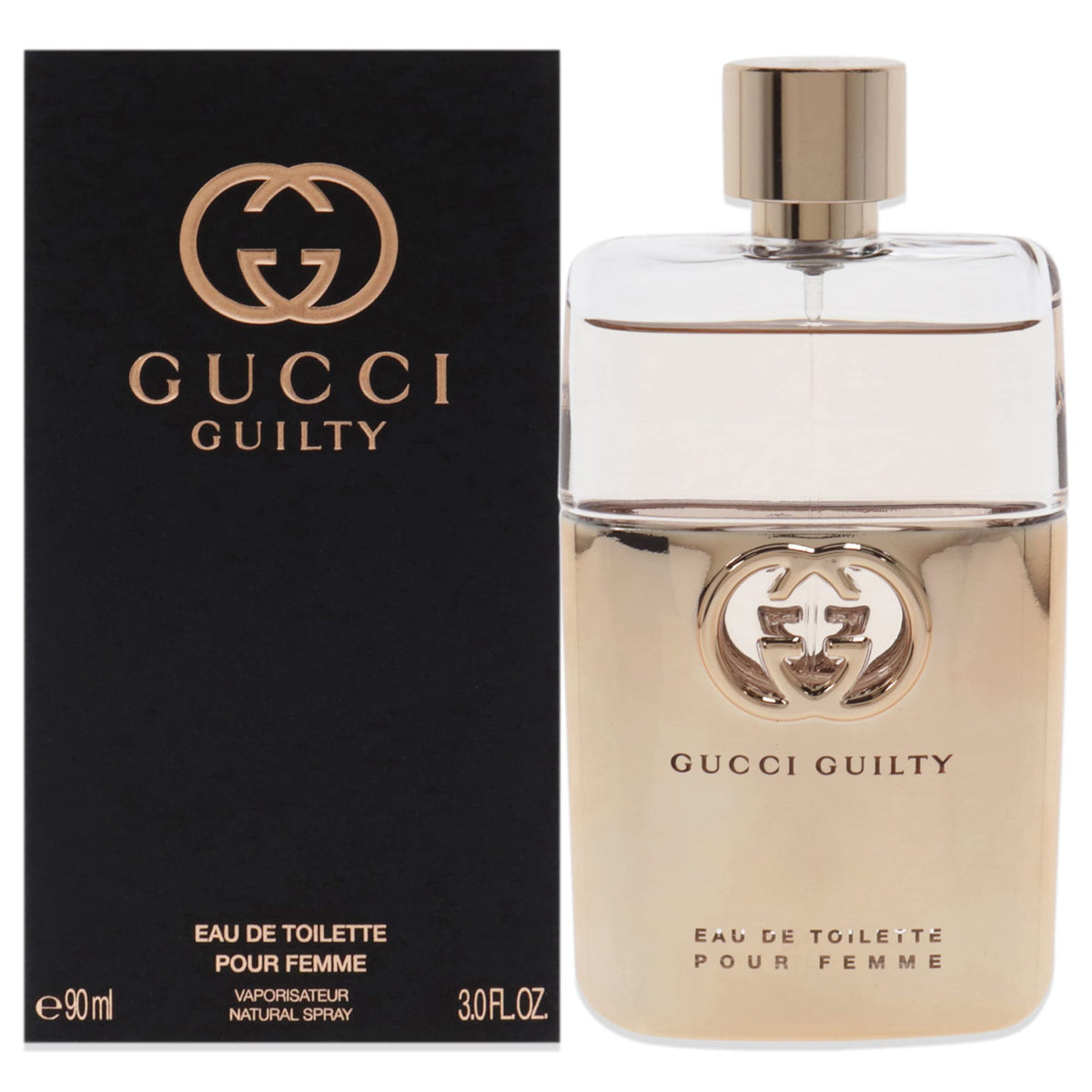 Gucci Guilty Eau de Toilette bottle front shows refined design for modern confidence.
