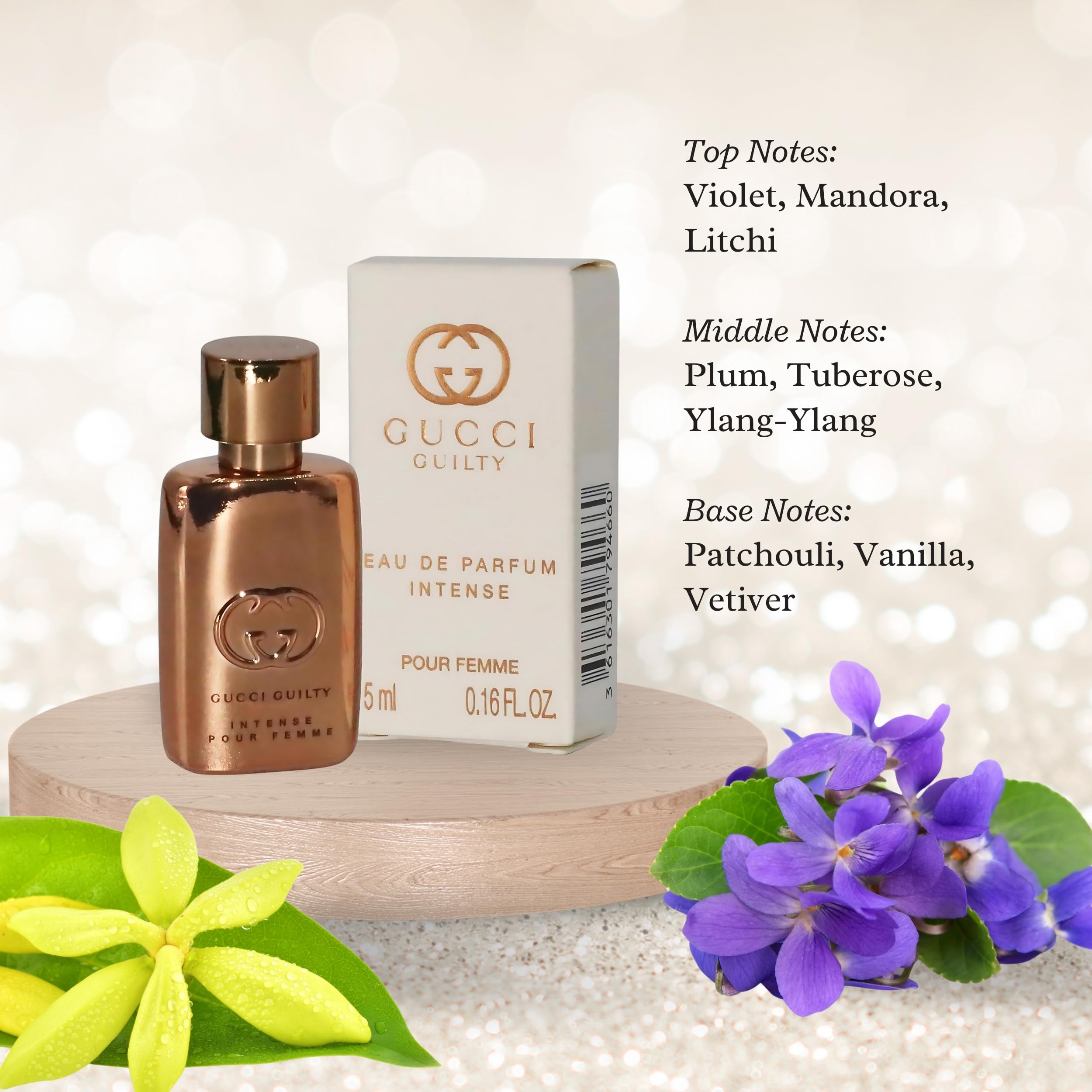 Gucci Guilty Intense mini splash heart notes emphasized with lilac and violet.