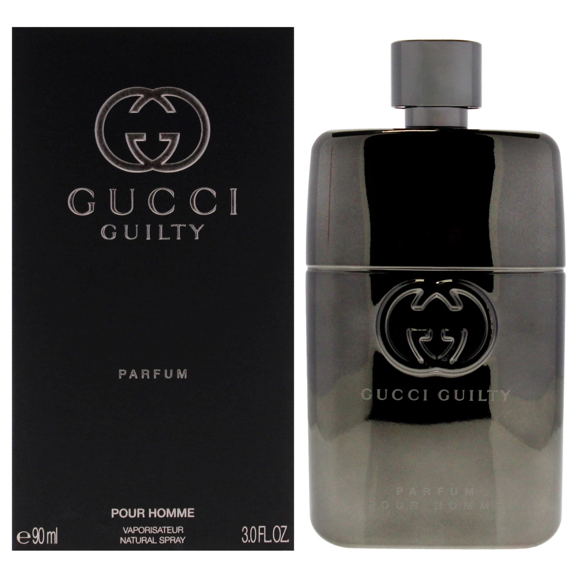 Gucci Guilty Men bottle front view highlighting the woody aromatic profile for daily wear.