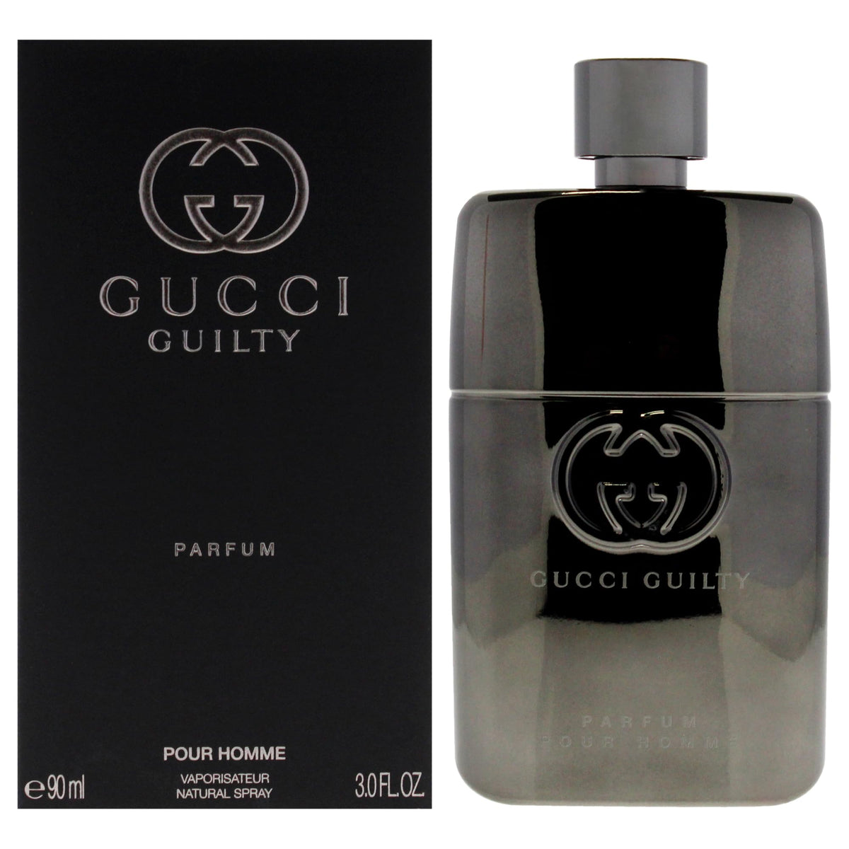 Gucci Guilty Men bottle front view highlighting the woody aromatic profile for daily wear.