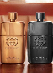Gucci Guilty Men cap close-up showcases premium parfum spray packaging for gifting.