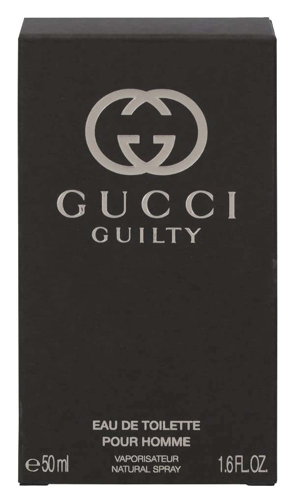 Gucci Guilty Men EDT label closeup reveals brand typography and premium packaging details